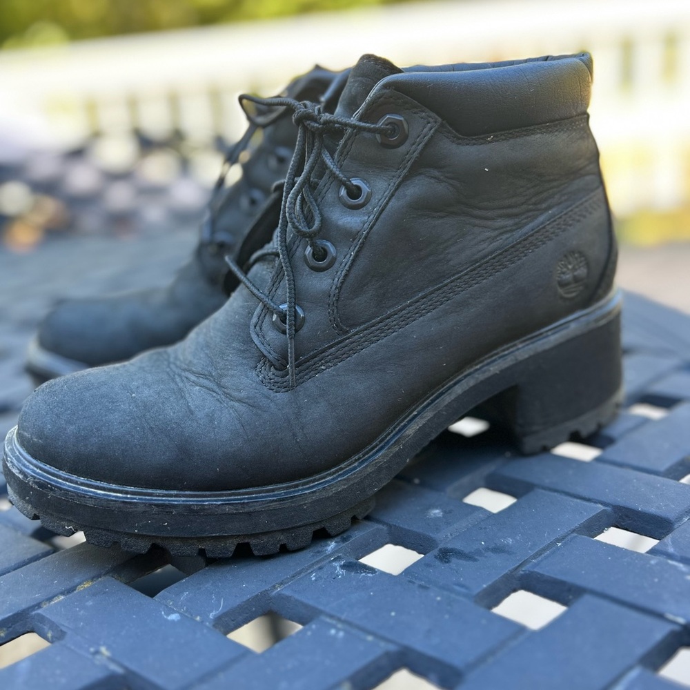 Timberland Roxie Lane Mid Lace Up Boots Black Leather Block Heel Women's 8.5
